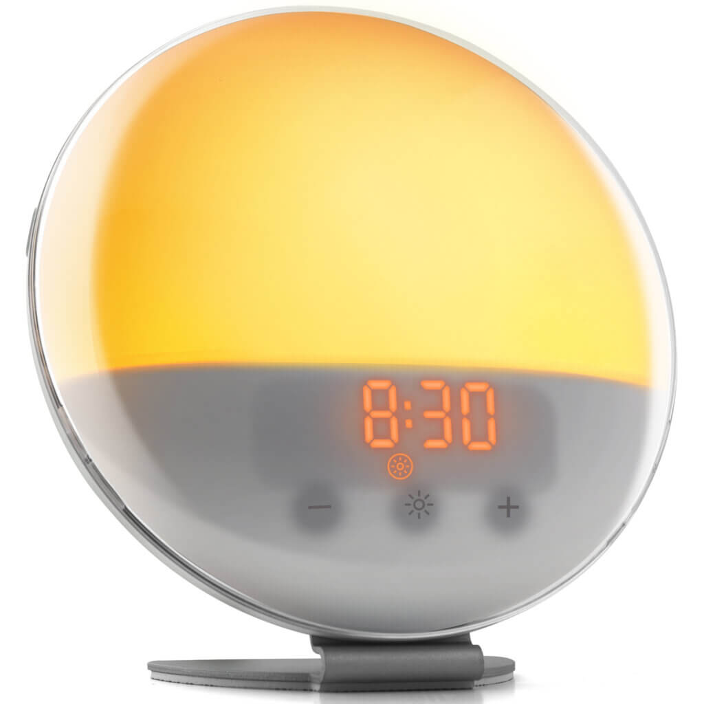 LIORQUE Réveil Lumineux Simulateur D'Aube Avec 30 Sons - Lampe De Chevet LED 13 Niveaux Luminosité - Adaptateur Inclus